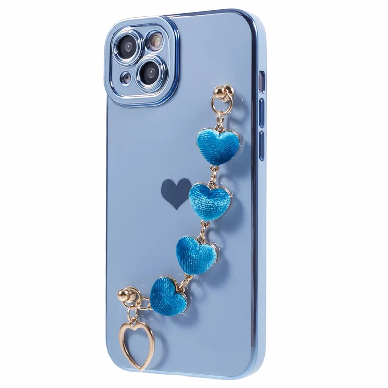 For iPhone 14 Plus Case Electroplating Love Hearts TPU Phone Cover with Chain - Baby Blue