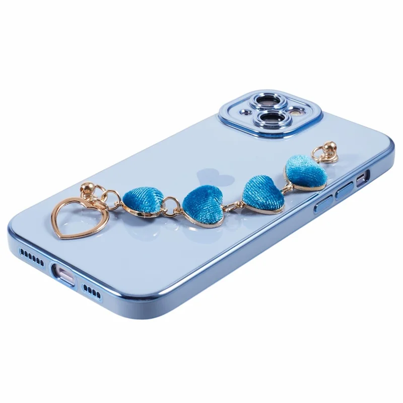 For iPhone 14 Plus Case Electroplating Love Hearts TPU Phone Cover with Chain - Baby Blue