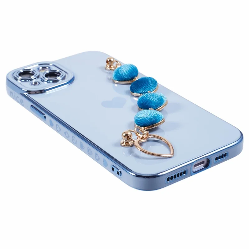 For iPhone 14 Plus Case Electroplating Love Hearts TPU Phone Cover with Chain - Baby Blue