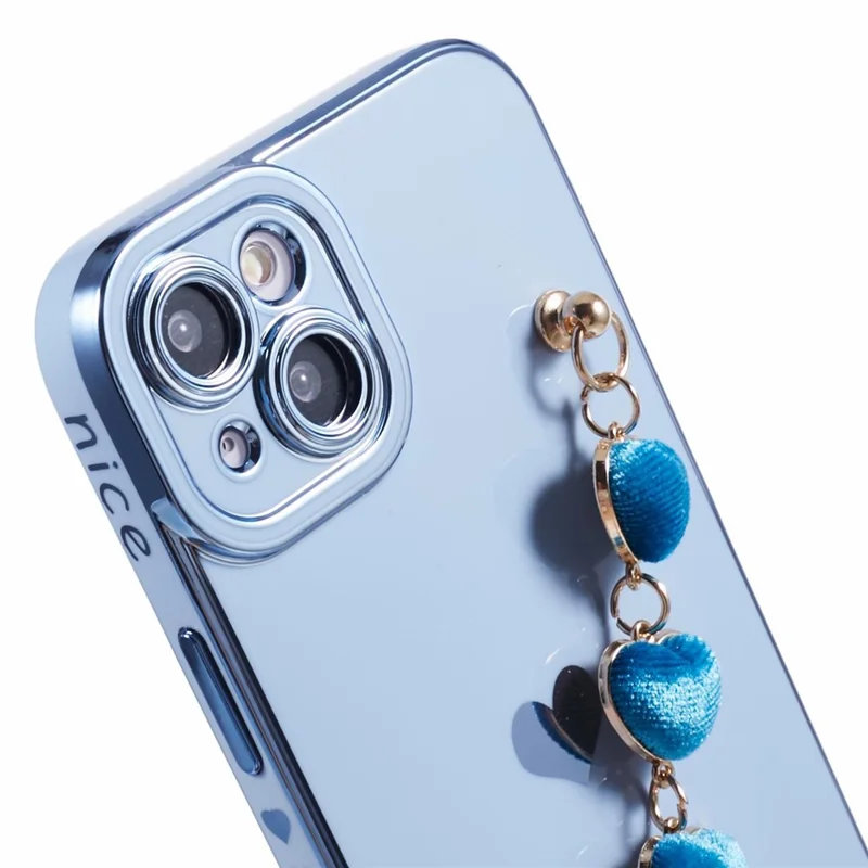 For iPhone 14 Plus Case Electroplating Love Hearts TPU Phone Cover with Chain - Baby Blue
