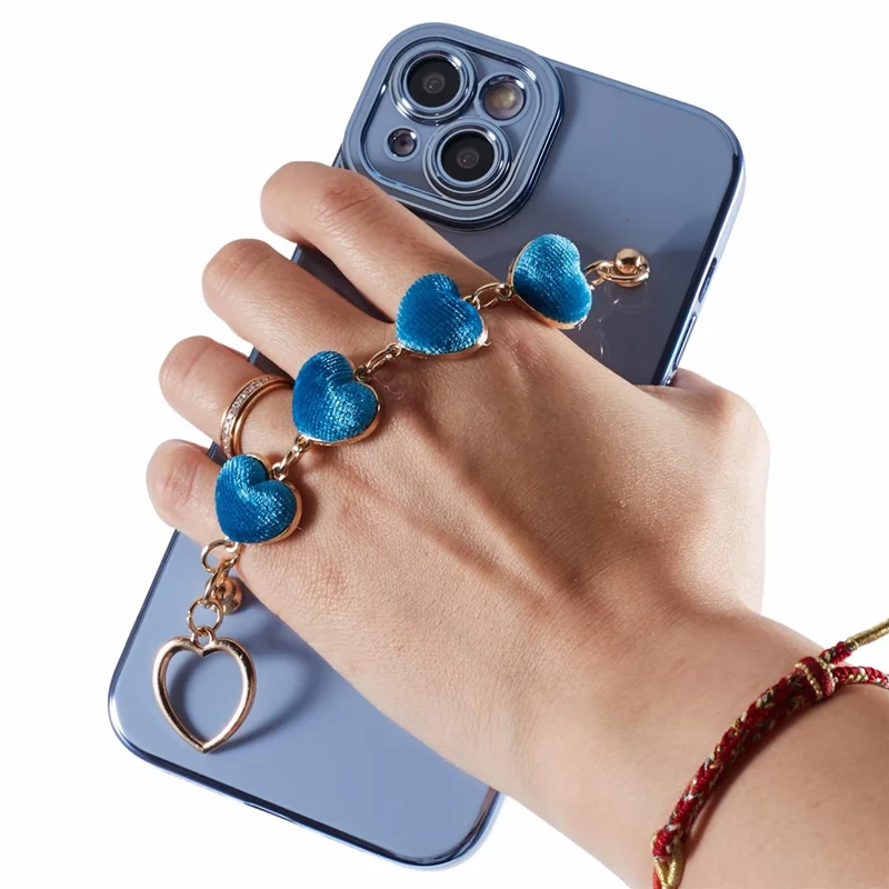 For iPhone 14 Plus Case Electroplating Love Hearts TPU Phone Cover with Chain - Baby Blue