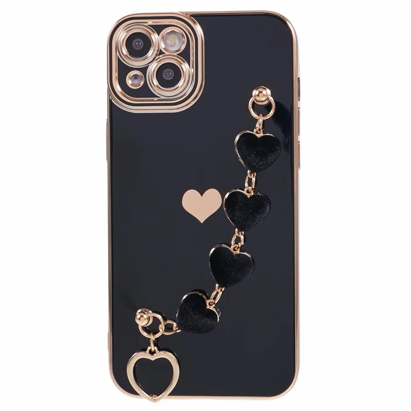 For iPhone 14 Plus Case Electroplating Love Hearts TPU Phone Cover with Chain - Black