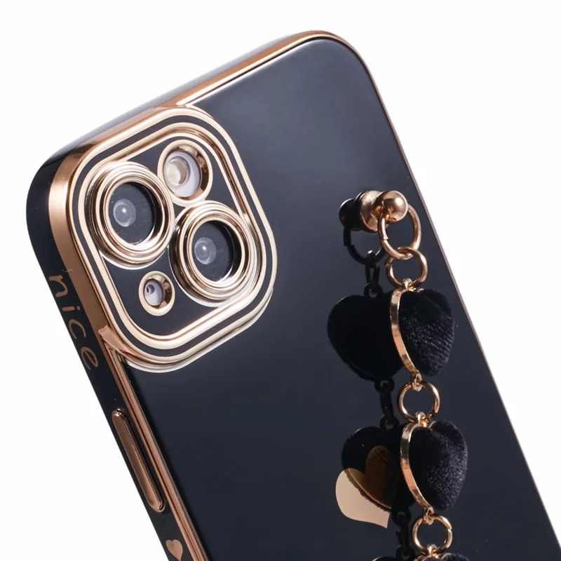 For iPhone 14 Plus Case Electroplating Love Hearts TPU Phone Cover with Chain - Black