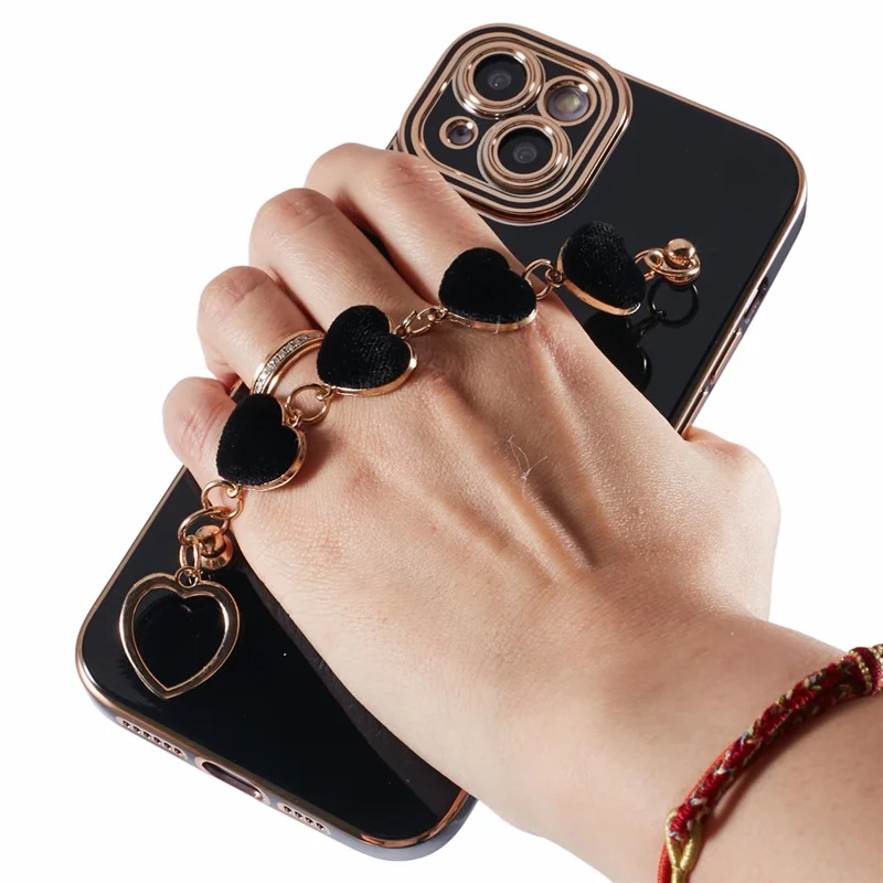 For iPhone 14 Plus Case Electroplating Love Hearts TPU Phone Cover with Chain - Black