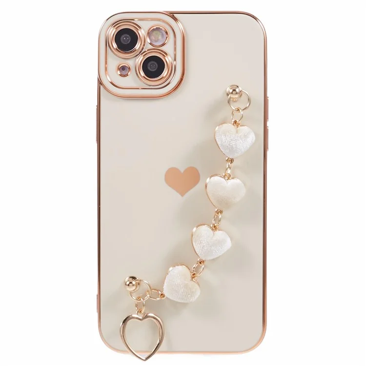 Für iPhone 14 Case Elektroplattierung Herzmuster Soft TPU Handyhülle mit Handschlaufe - Weiß