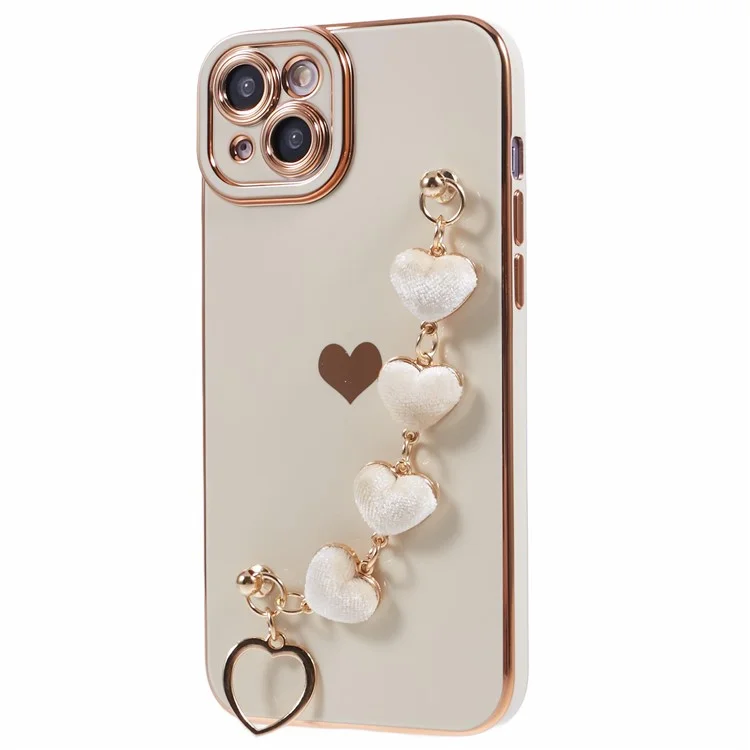 Für iPhone 14 Case Elektroplattierung Herzmuster Soft TPU Handyhülle mit Handschlaufe - Weiß