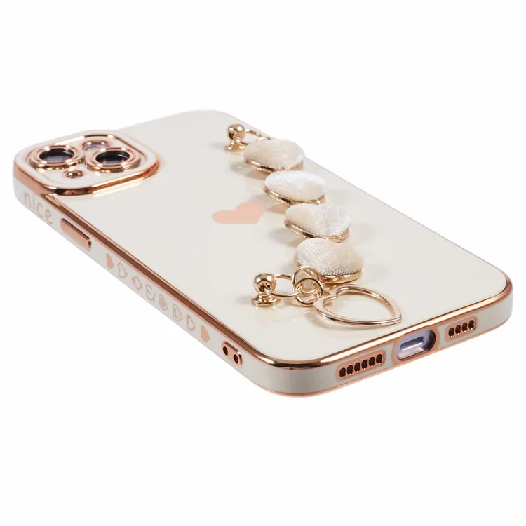Für iPhone 14 Case Elektroplattierung Herzmuster Soft TPU Handyhülle mit Handschlaufe - Weiß