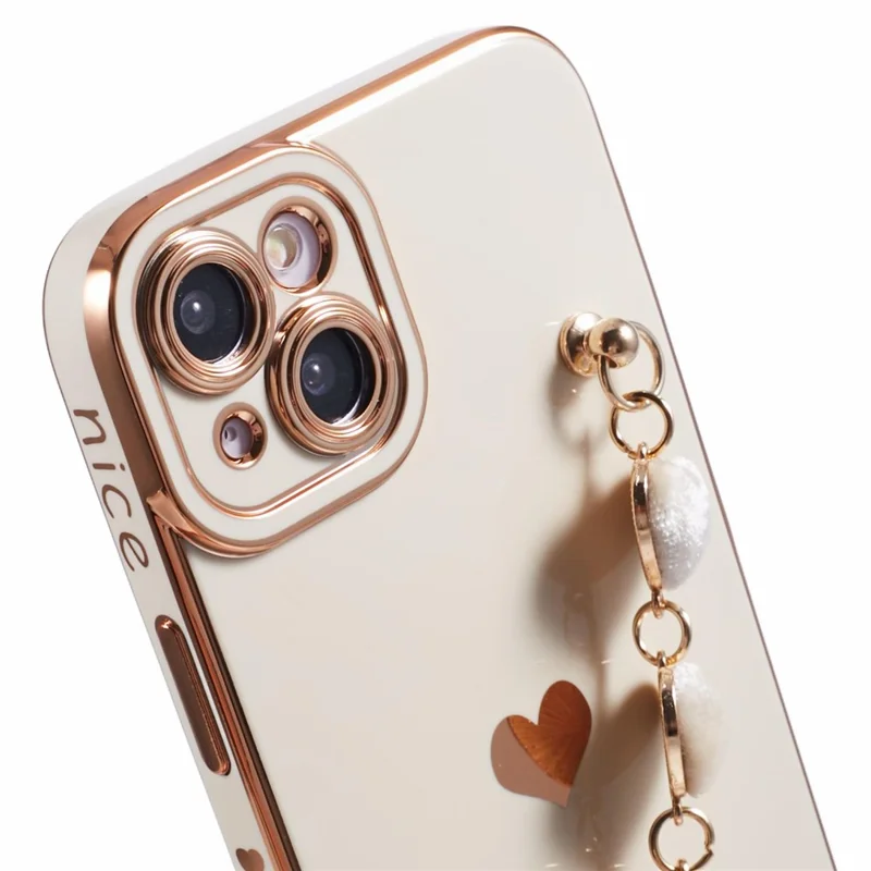 Für iPhone 14 Case Elektroplattierung Herzmuster Soft TPU Handyhülle mit Handschlaufe - Weiß