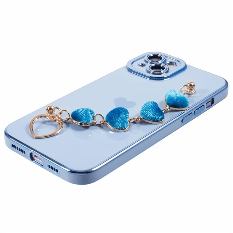 For iPhone 15 Case Cute Aesthetic TPU Phone Cover with Heart Bracelet Strap - Blue