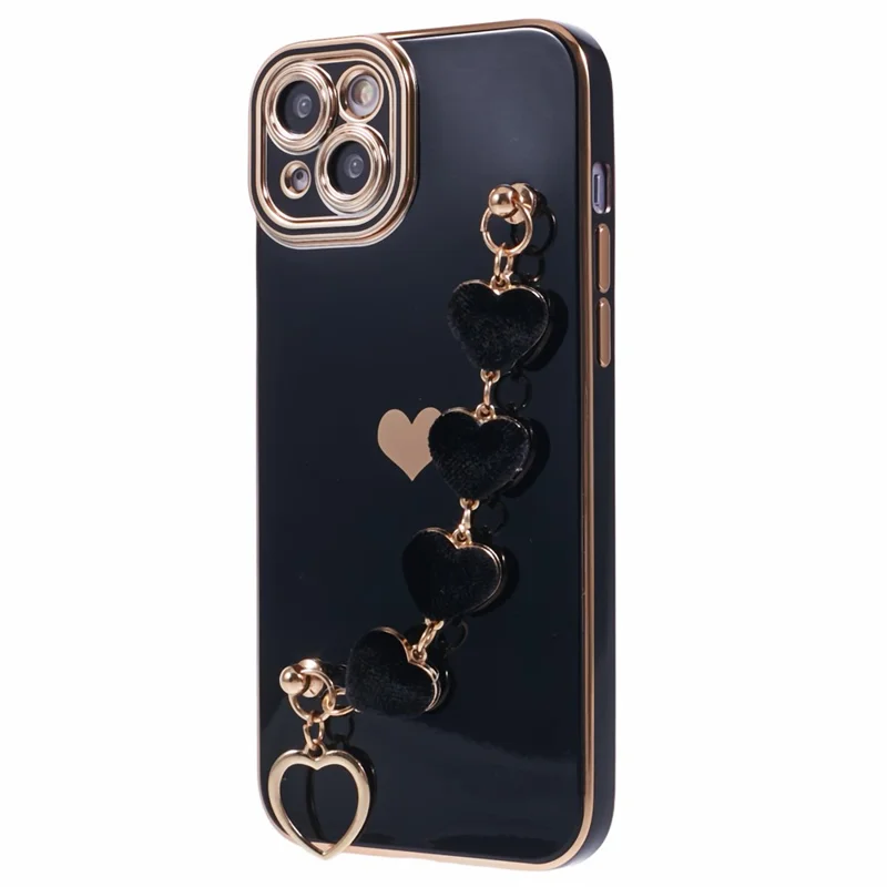 For iPhone 15 Case Cute Aesthetic TPU Phone Cover with Heart Bracelet Strap - Black