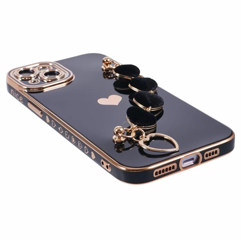 For iPhone 15 Case Cute Aesthetic TPU Phone Cover with Heart Bracelet Strap - Black