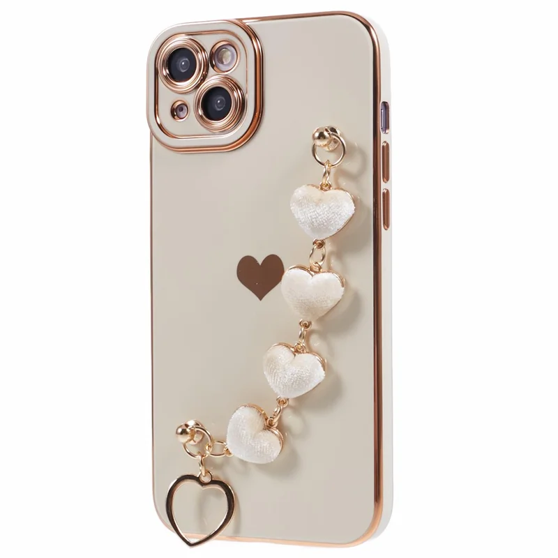 For iPhone 15 Case Cute Aesthetic TPU Phone Cover with Heart Bracelet Strap - White