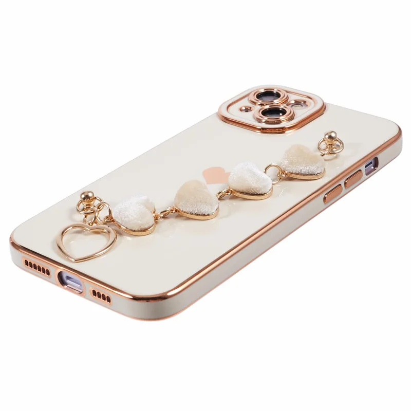 For iPhone 15 Case Cute Aesthetic TPU Phone Cover with Heart Bracelet Strap - White