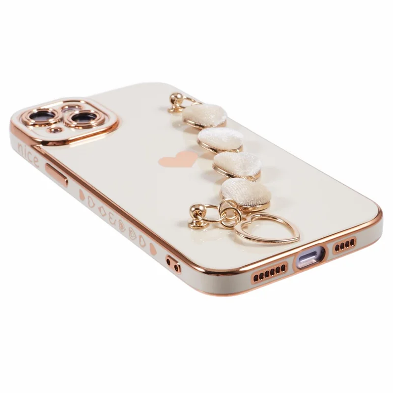 For iPhone 15 Case Cute Aesthetic TPU Phone Cover with Heart Bracelet Strap - White
