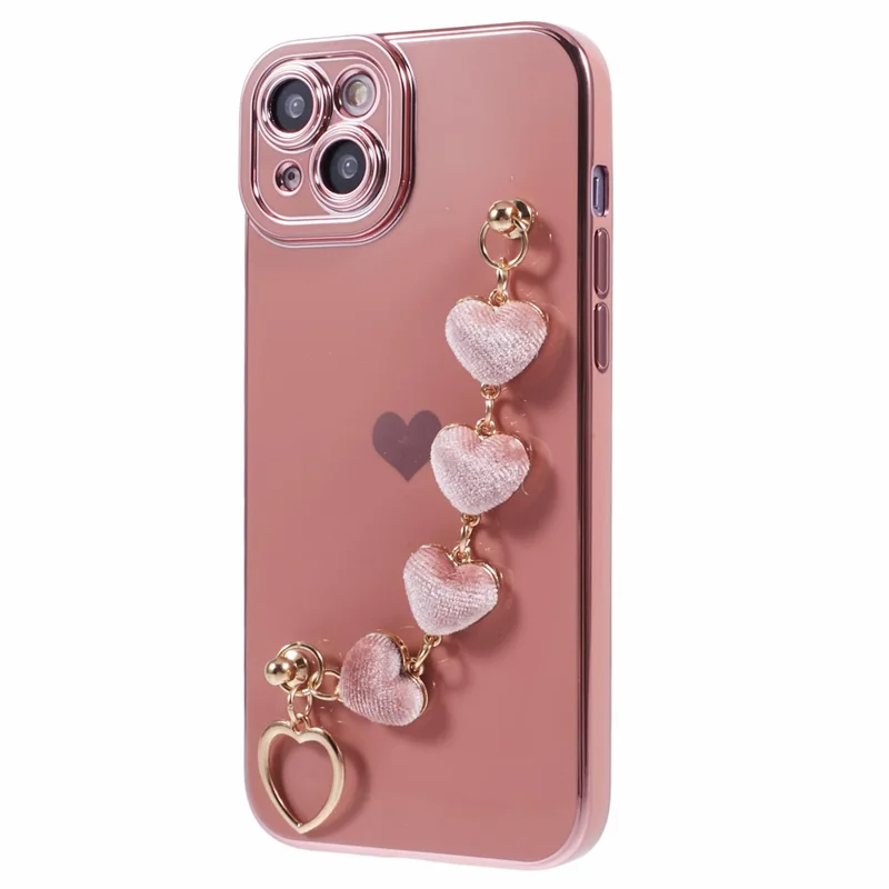 For iPhone 15 Case Cute Aesthetic TPU Phone Cover with Heart Bracelet Strap - Pink