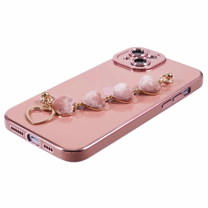 For iPhone 15 Case Cute Aesthetic TPU Phone Cover with Heart Bracelet Strap - Pink