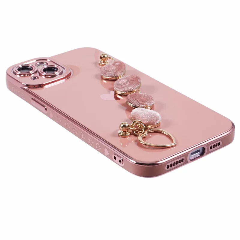 For iPhone 15 Case Cute Aesthetic TPU Phone Cover with Heart Bracelet Strap - Pink