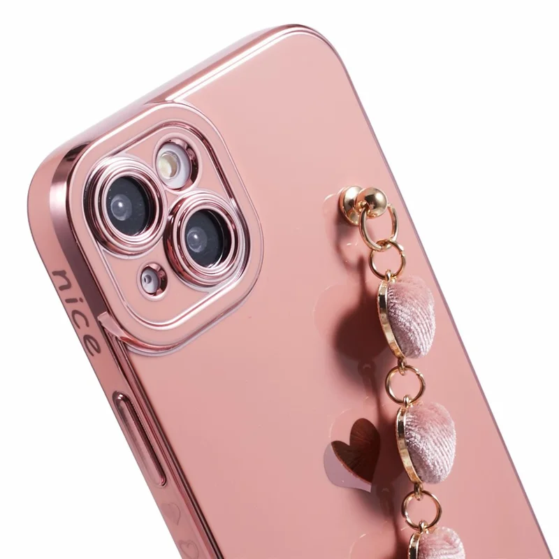 For iPhone 15 Case Cute Aesthetic TPU Phone Cover with Heart Bracelet Strap - Pink