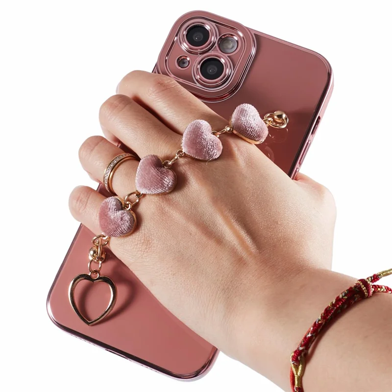 For iPhone 15 Case Cute Aesthetic TPU Phone Cover with Heart Bracelet Strap - Pink