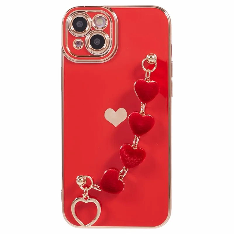 For iPhone 15 Case Cute Aesthetic TPU Phone Cover with Heart Bracelet Strap - Red