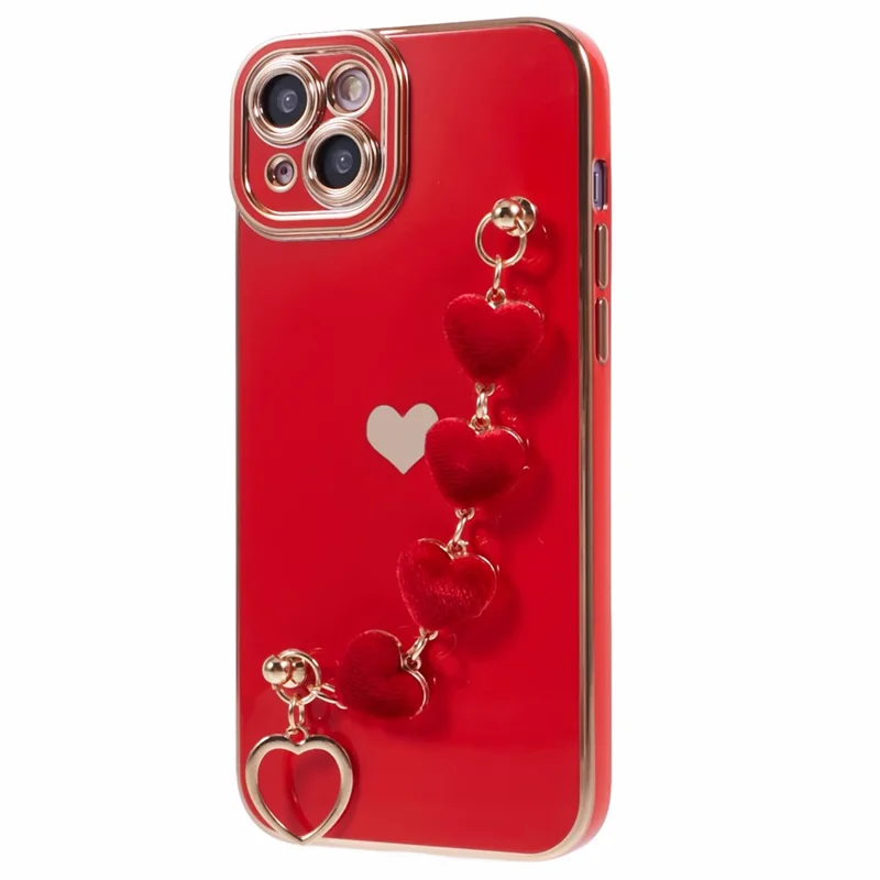 For iPhone 15 Case Cute Aesthetic TPU Phone Cover with Heart Bracelet Strap - Red