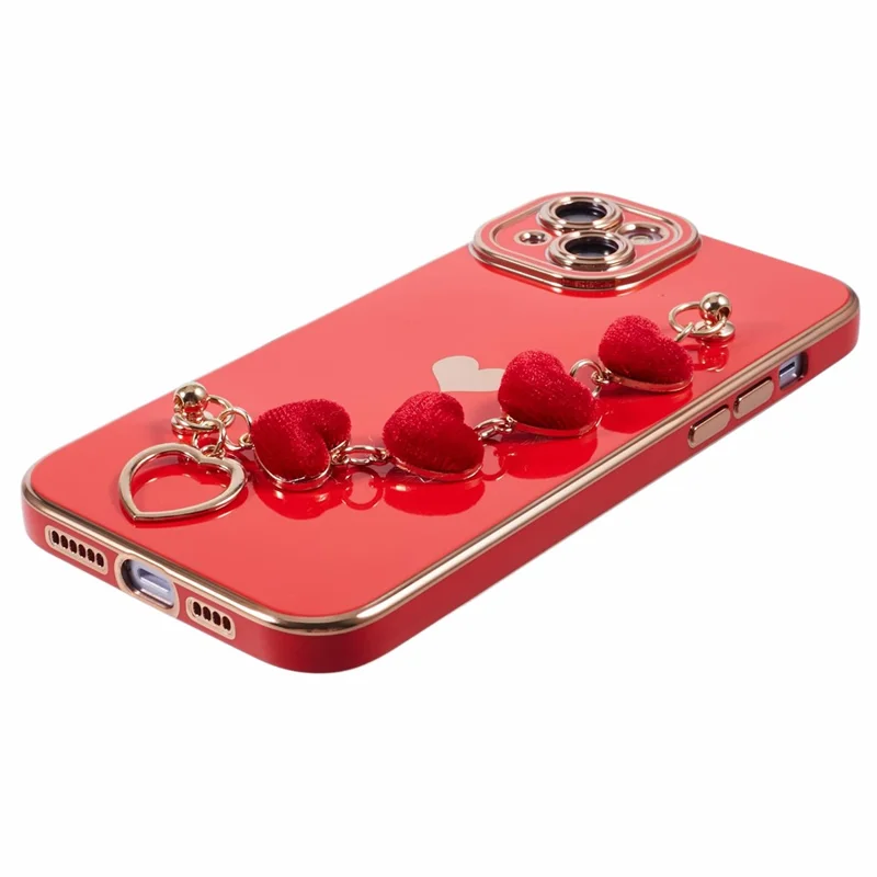 For iPhone 15 Case Cute Aesthetic TPU Phone Cover with Heart Bracelet Strap - Red