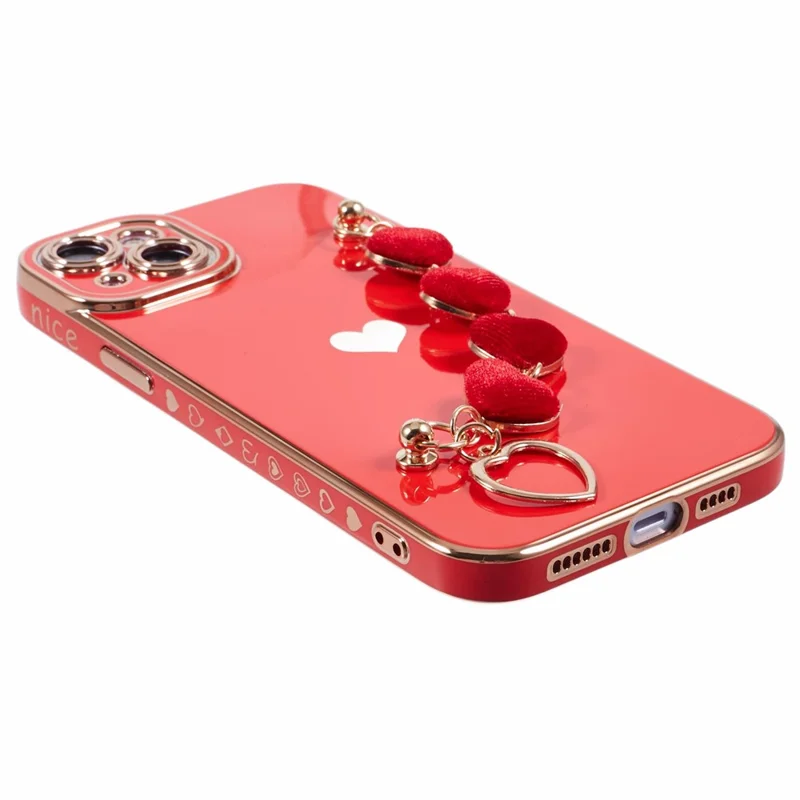 For iPhone 15 Case Cute Aesthetic TPU Phone Cover with Heart Bracelet Strap - Red