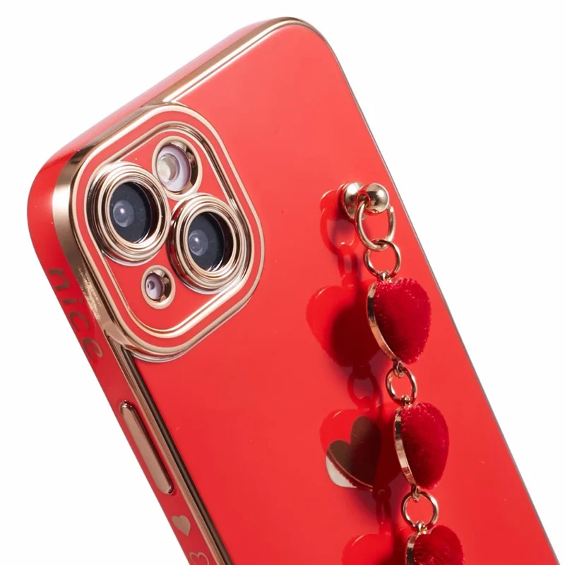 For iPhone 15 Case Cute Aesthetic TPU Phone Cover with Heart Bracelet Strap - Red