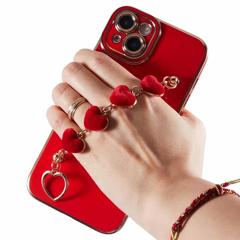 For iPhone 15 Case Cute Aesthetic TPU Phone Cover with Heart Bracelet Strap - Red
