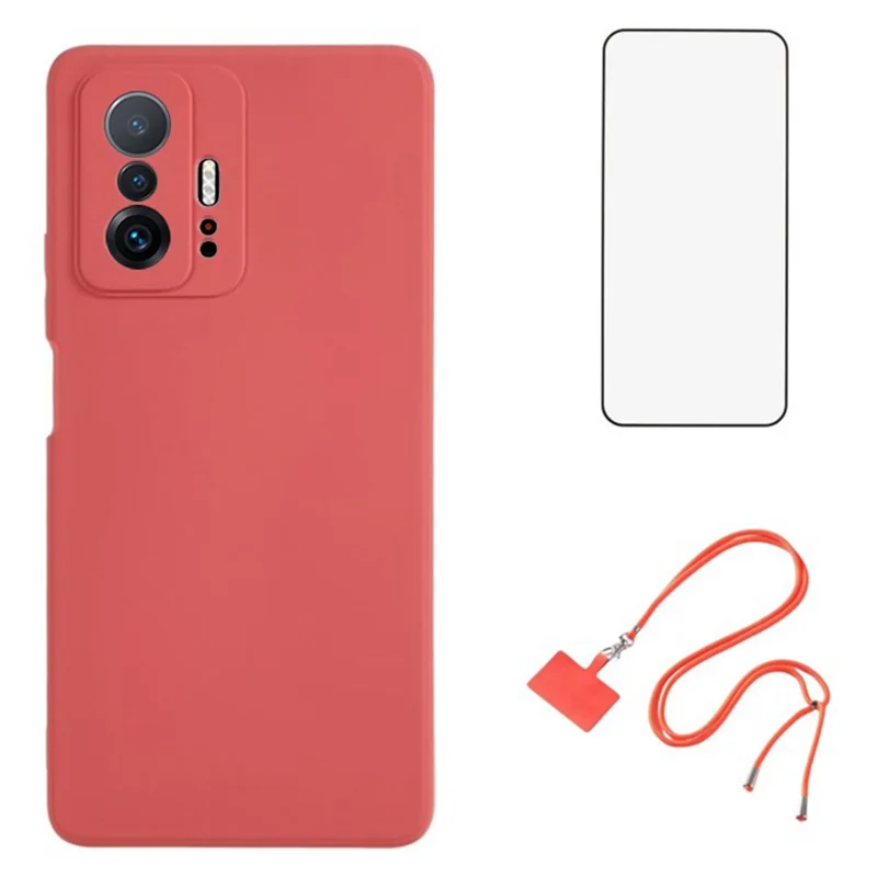 WANLONFENG RB1 Series Per Xiaomi 11T 5G / 11T Pro 5G Custodia TPU con Pellicola Protettiva per Schermo + Cordino - Rosso Biancospino