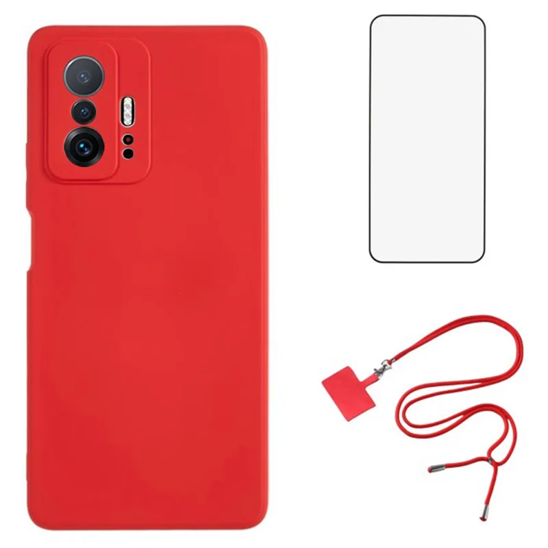 WANLONFENG RB1 Series For Xiaomi 11T 5G / 11T Pro 5G TPU Case with Screen Protector+Lanyard -  Red