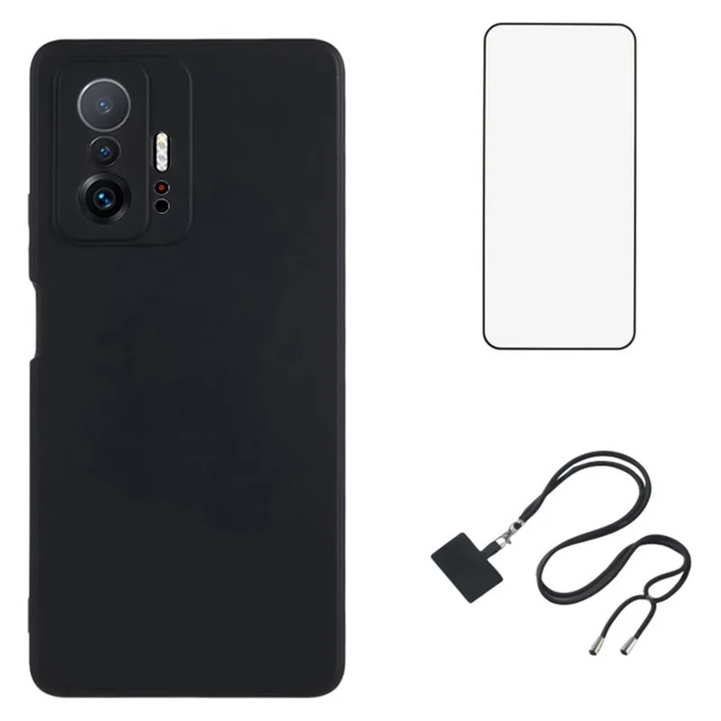 WANLONFENG RB1 Series For Xiaomi 11T 5G / 11T Pro 5G TPU Case with Screen Protector+Lanyard -  Black