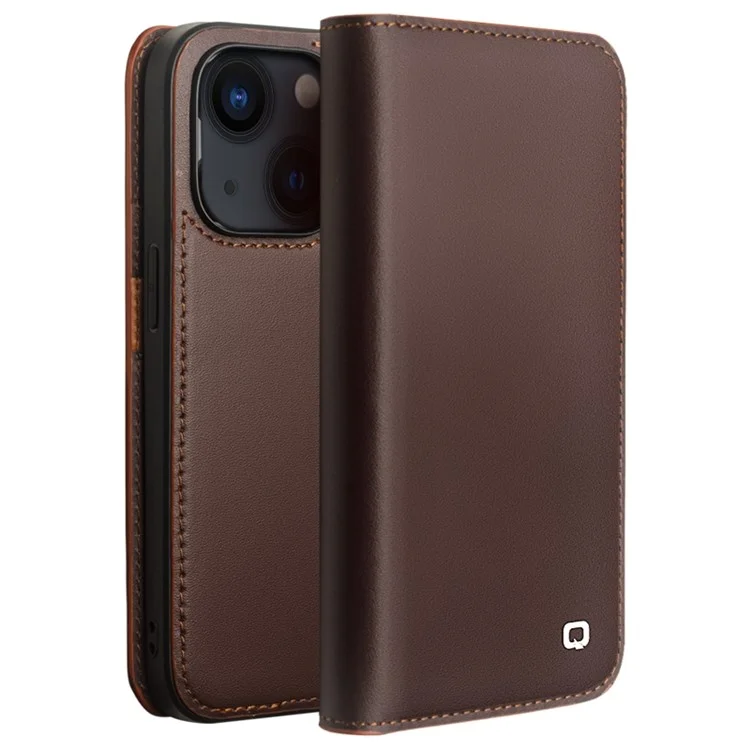 QIALINO For iPhone 14 Plus Classic 2nd-Series Shockproof Phone Case Flip Wallet Cover Stand Business Style Genuine Leather Phone Shell - Brown
