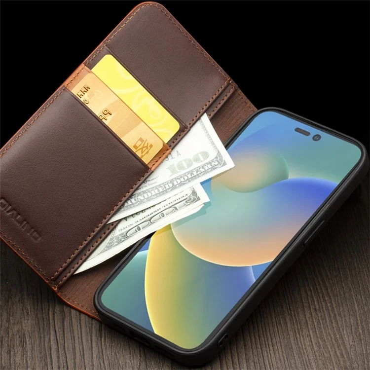 QIALINO For iPhone 14 Plus Classic 2nd-Series Shockproof Phone Case Flip Wallet Cover Stand Business Style Genuine Leather Phone Shell - Brown