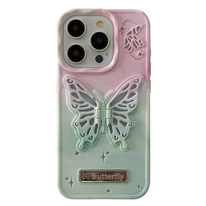 For iPhone 13 Pro Max Case Dual Color Butterfly Shape Kickstand TPU Phone Cover - Pink+Green