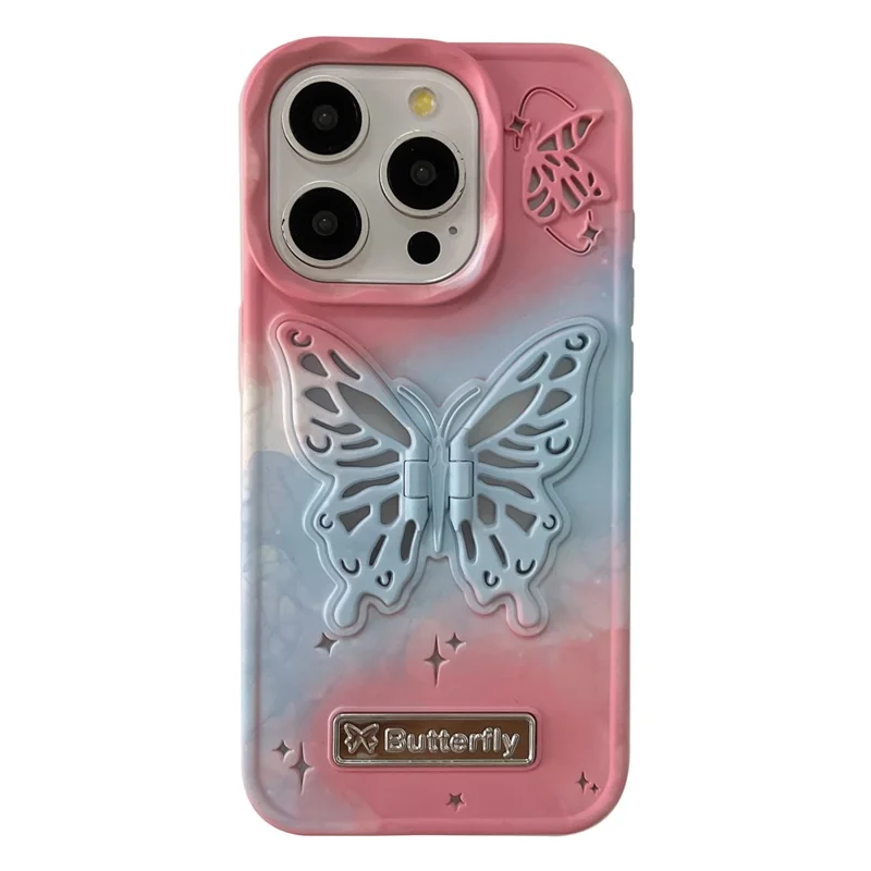 For iPhone 13 Pro Max Case Dual Color Butterfly Shape Kickstand TPU Phone Cover - Rose+Blue