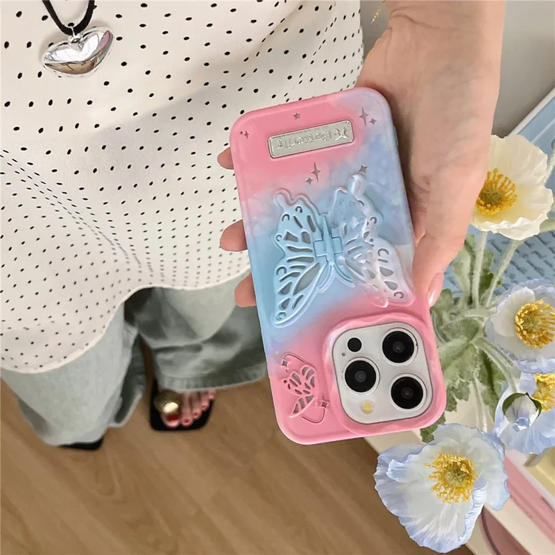 For iPhone 13 Pro Max Case Dual Color Butterfly Shape Kickstand TPU Phone Cover - Rose+Blue