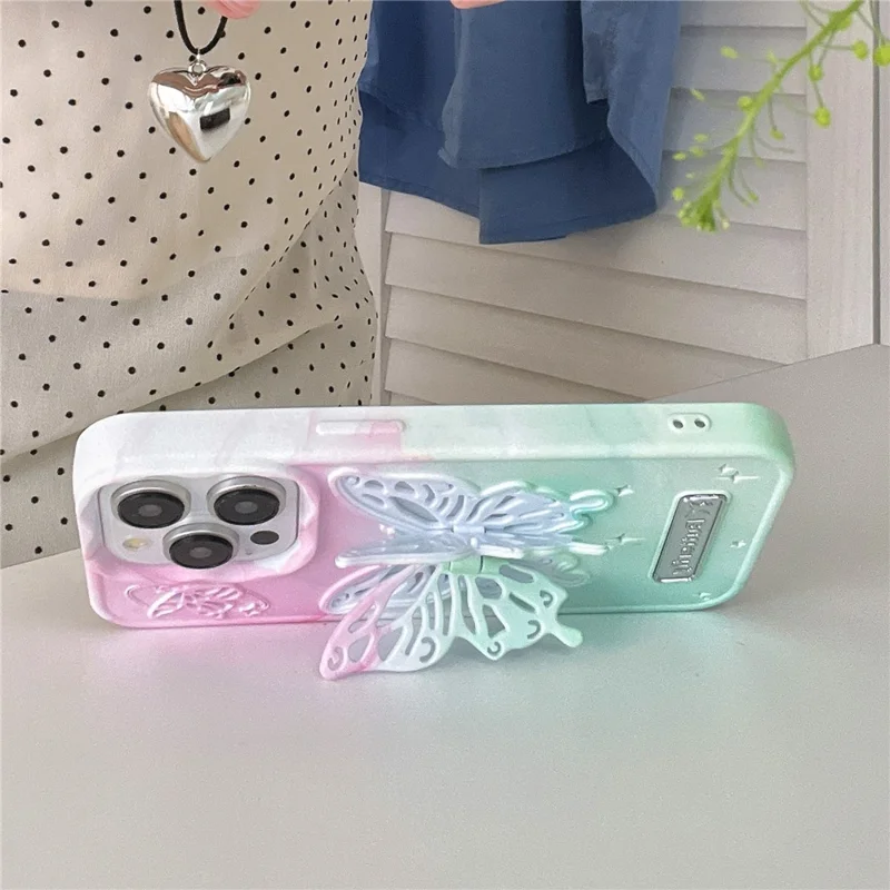 For iPhone 13 Pro Max Case Dual Color Butterfly Shape Kickstand TPU Phone Cover - Rose+Blue