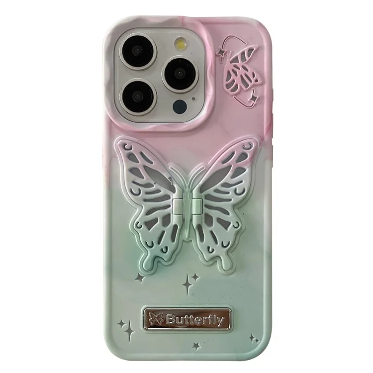 Für iPhone 14 Pro Case Fashion Butterfly Shape Kickstand Anti-Drop TPU Phone Cover - Pink+Green
