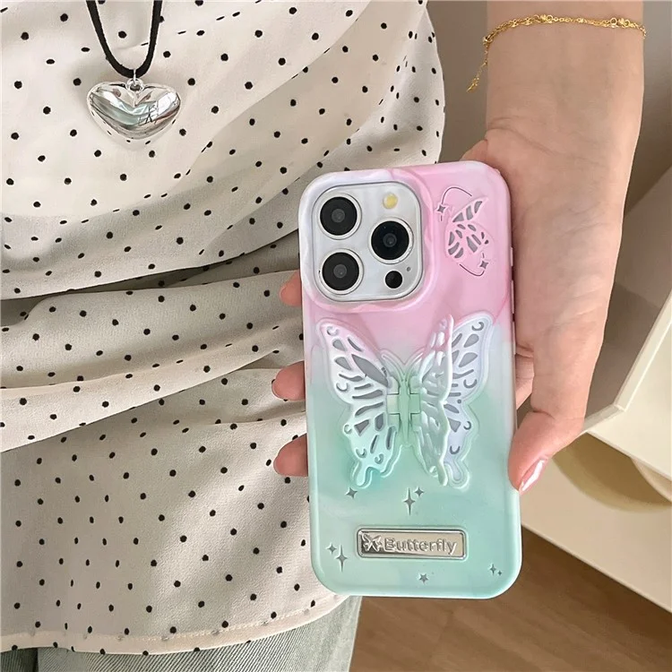 Für iPhone 14 Pro Case Fashion Butterfly Shape Kickstand Anti-Drop TPU Phone Cover - Pink+Green