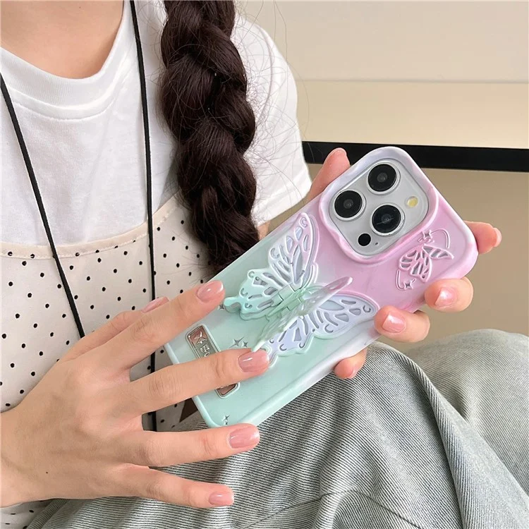 Für iPhone 14 Pro Case Fashion Butterfly Shape Kickstand Anti-Drop TPU Phone Cover - Pink+Green