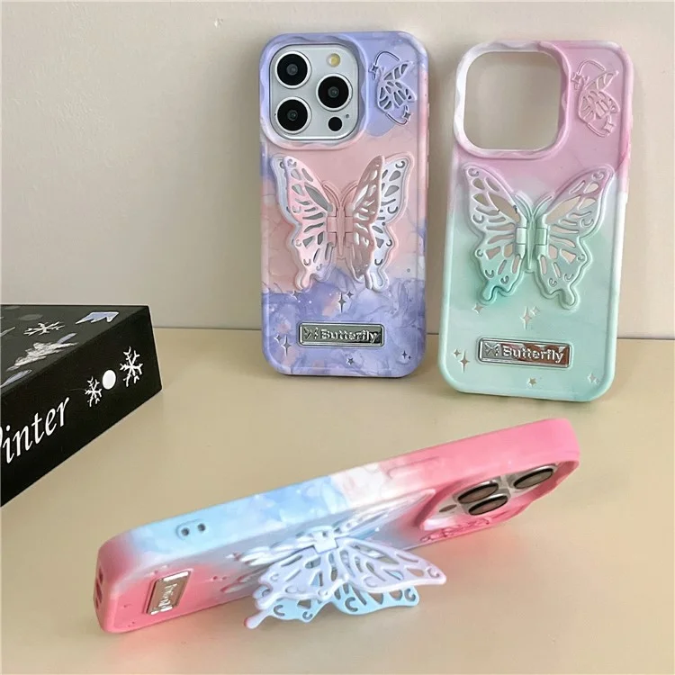 Für iPhone 14 Pro Case Fashion Butterfly Shape Kickstand Anti-Drop TPU Phone Cover - Pink+Green