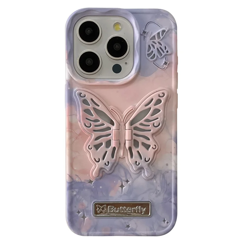 For iPhone 14 Pro Max Case Dual Color Butterfly Shape Kickstand TPU Phone Cover - Purple+Pink