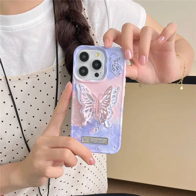 For iPhone 14 Pro Max Case Dual Color Butterfly Shape Kickstand TPU Phone Cover - Purple+Pink