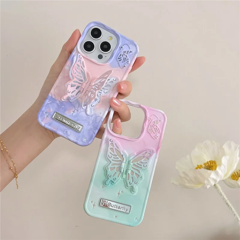 For iPhone 14 Pro Max Case Dual Color Butterfly Shape Kickstand TPU Phone Cover - Purple+Pink