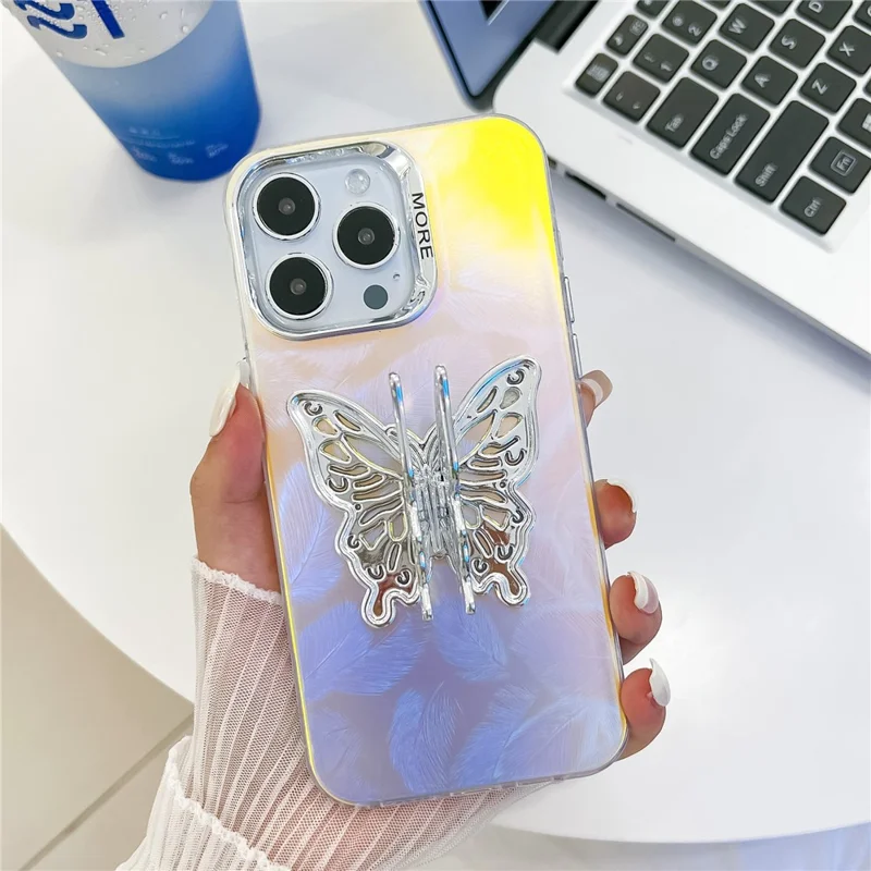 For iPhone 15 Pro Max Phone Case IMD Electroplating PC+TPU Cover with Butterfly Kickstand - AK1