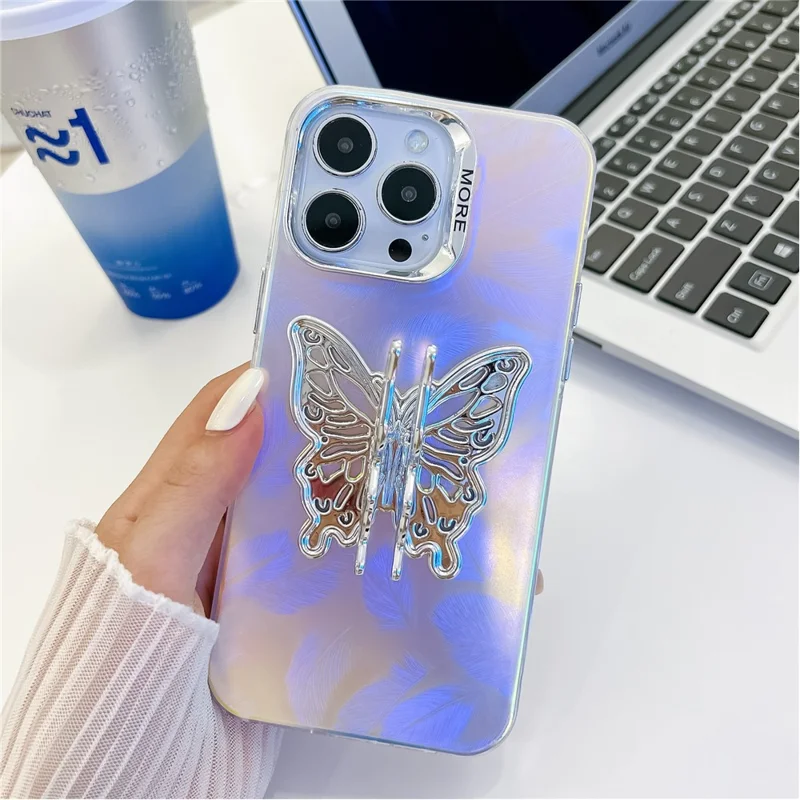 For iPhone 15 Pro Max Phone Case IMD Electroplating PC+TPU Cover with Butterfly Kickstand - AK1