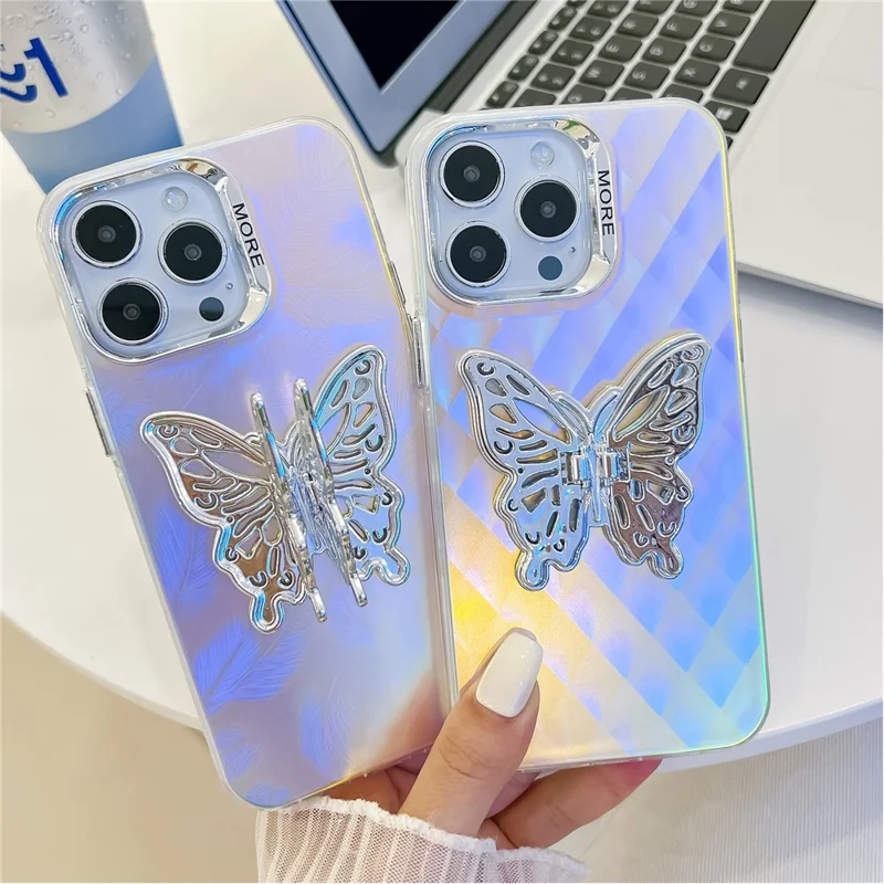 For iPhone 15 Pro Max Phone Case IMD Electroplating PC+TPU Cover with Butterfly Kickstand - AK1