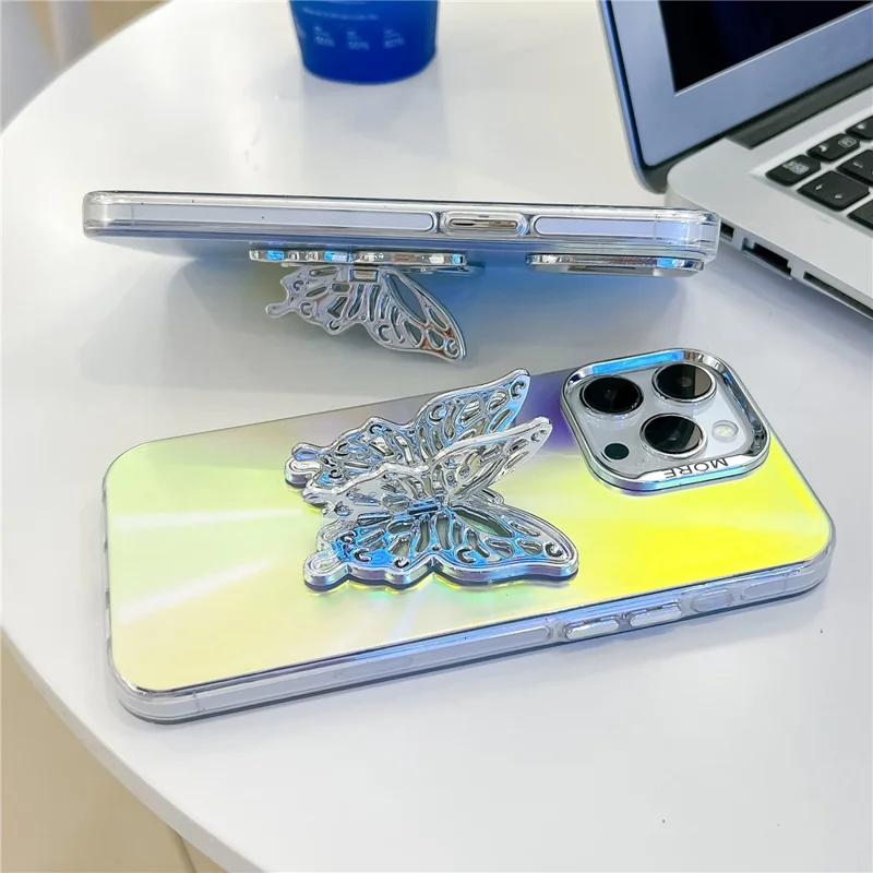 For iPhone 15 Pro Max Phone Case IMD Electroplating PC+TPU Cover with Butterfly Kickstand - AK1