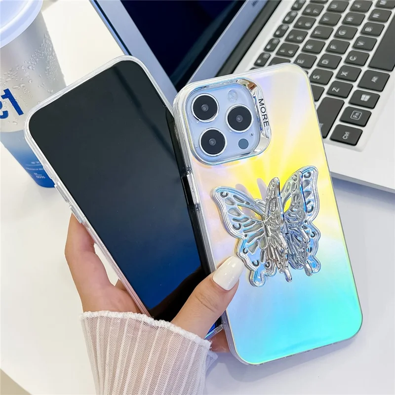 For iPhone 15 Pro Max Phone Case IMD Electroplating PC+TPU Cover with Butterfly Kickstand - AK1